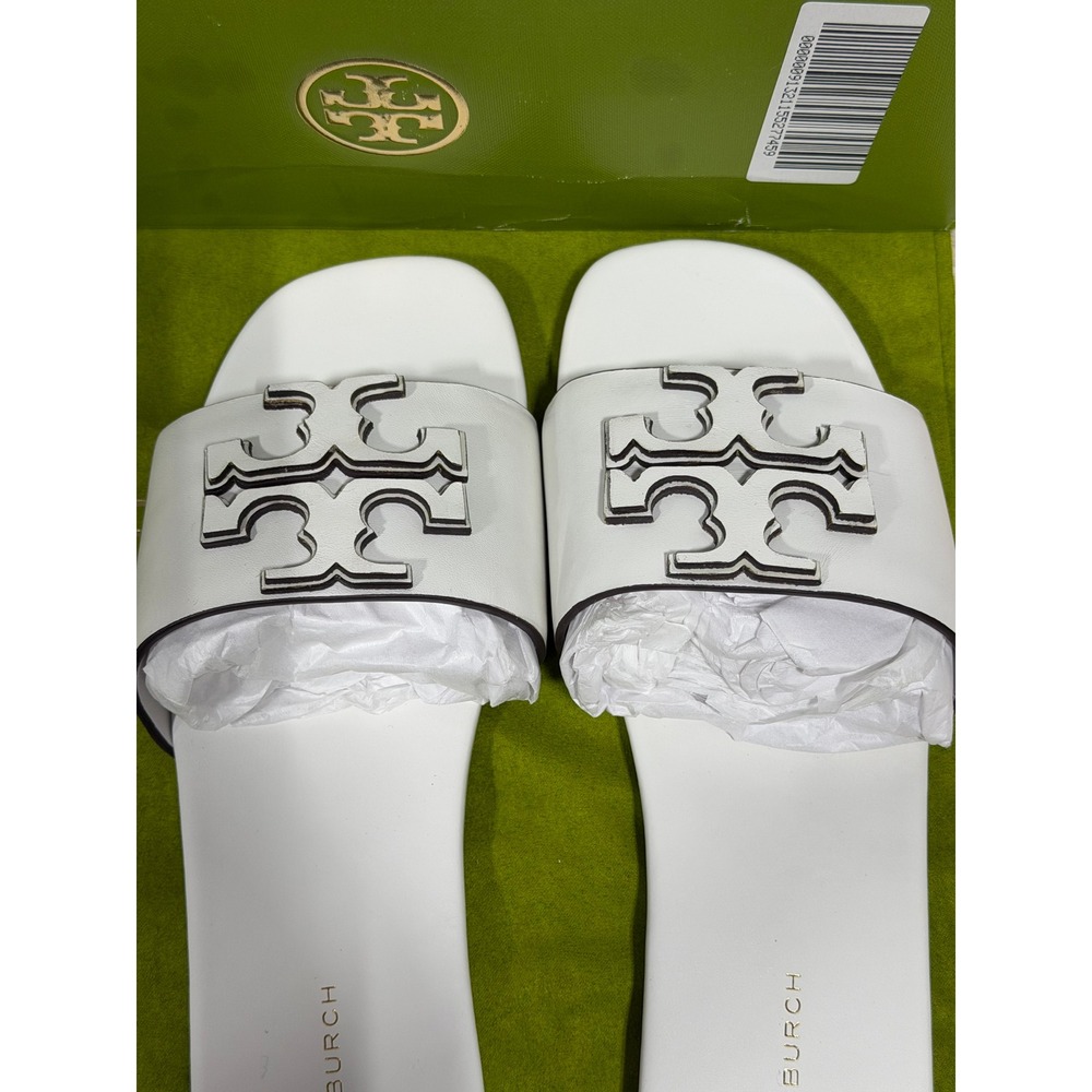 Tory Burch Ines Flat Slide Sandals Gardenia White Goat Leather US 6 NIB 149466